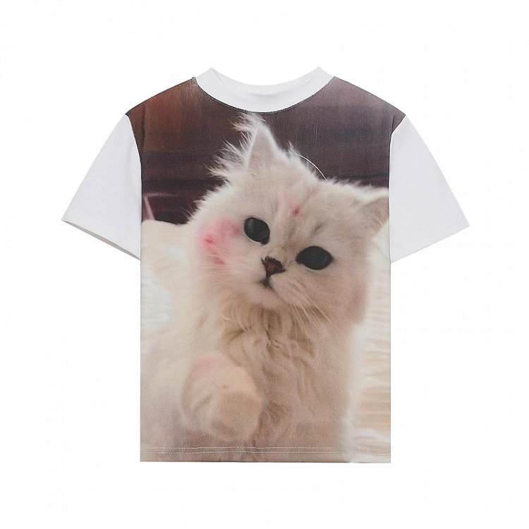 Weißes T-Shirt mit Rundhalsausschnitt und Vintage-Kätzchen-Print in schmaler Passform