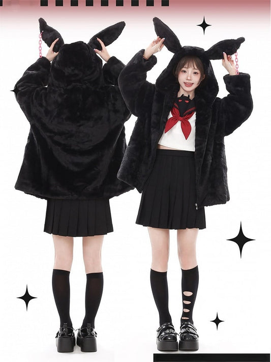 Hooded Fleece Bunny Ears Black Lining Coat