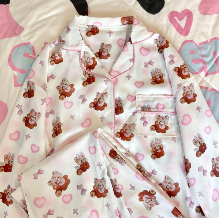 Weiß-rosa Pyjama-Set mit süßem rotem Panda-Print