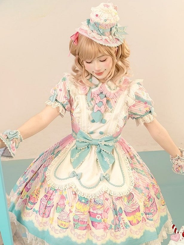 Bunny Collar Dress Pan Lolita Maid Blue Print Cupcake Peter and Pink