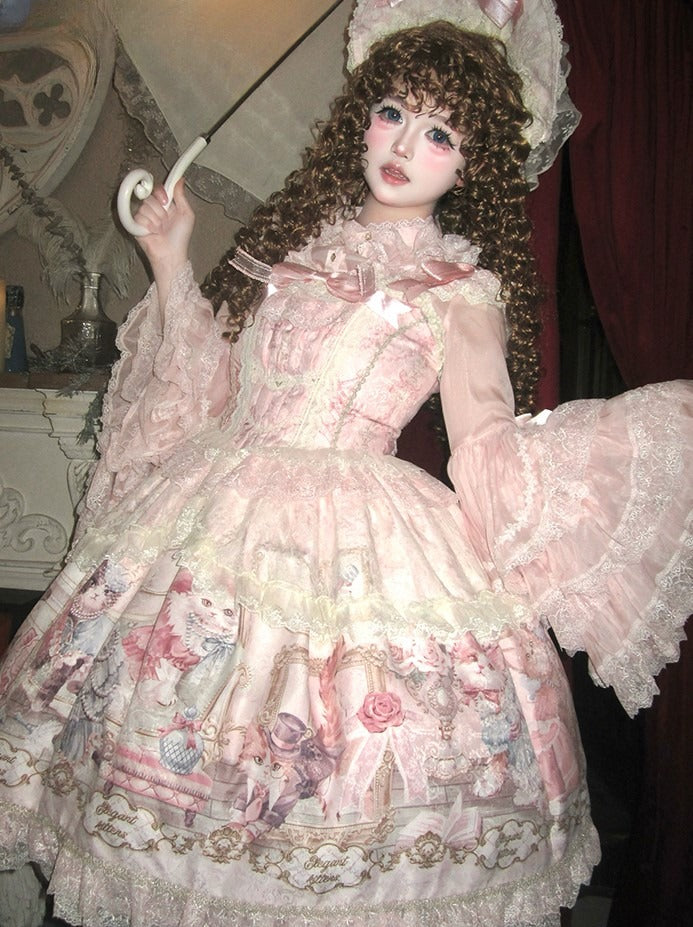 Sleeves Pink Cat Dress Flutter Trim and Bow Lace Print Accents Sweet with Lolita JSK
