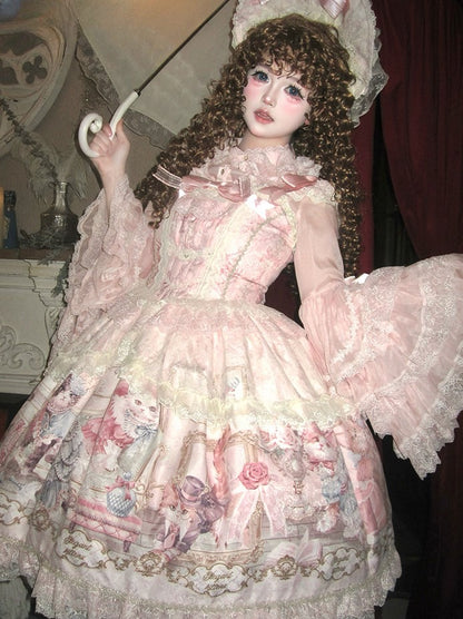 Sleeves Pink Cat Dress Flutter Trim and Bow Lace Print Accents Sweet with Lolita JSK