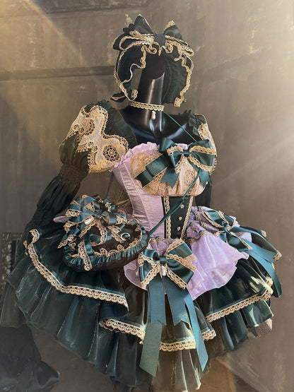 Layers Green Gold Light with Bow Accents and Purple Lace Dress Princess Trim Balletcore