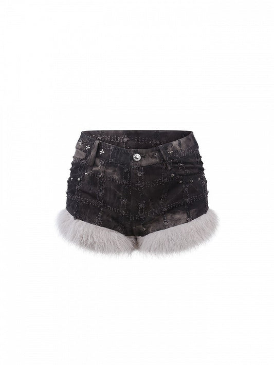 Soft Punk Trim Kawaii Shorts Fashion Gray Tie-Dye Denim Furry With