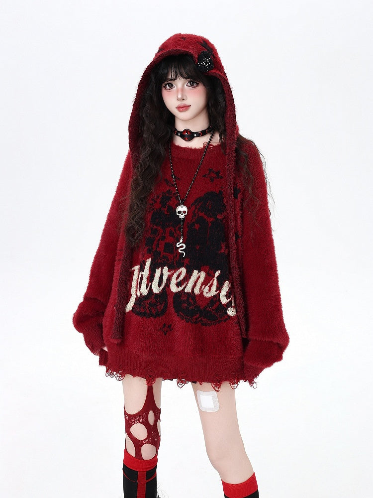 Vintage Lettered Plush Sweater with Distress Trim and Detachable Hood Red/Dark Brown