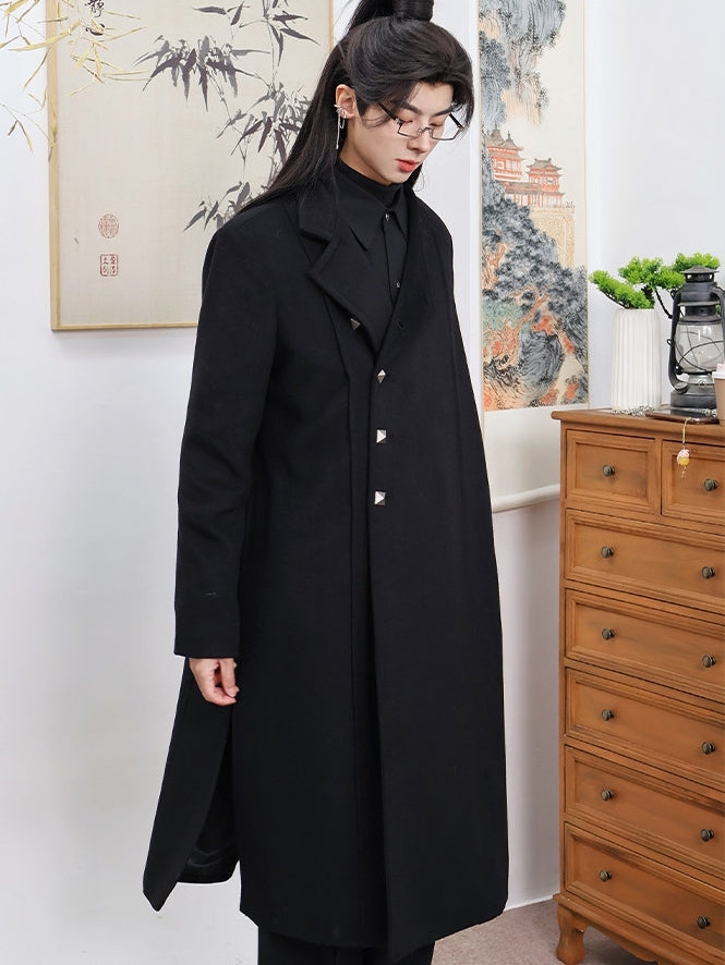 Side Button Style Slits Scarf with Front Set Placket Chinese Unisex - Coat Black