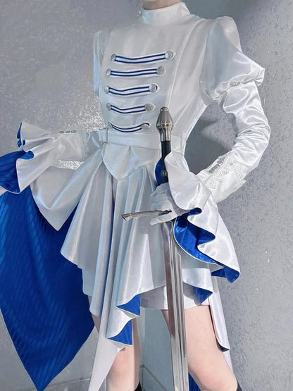 White & Blue Ouji Military Lolita Knight Top with Irregular Hem and Flared Cuffs - THE 400BLOWS
