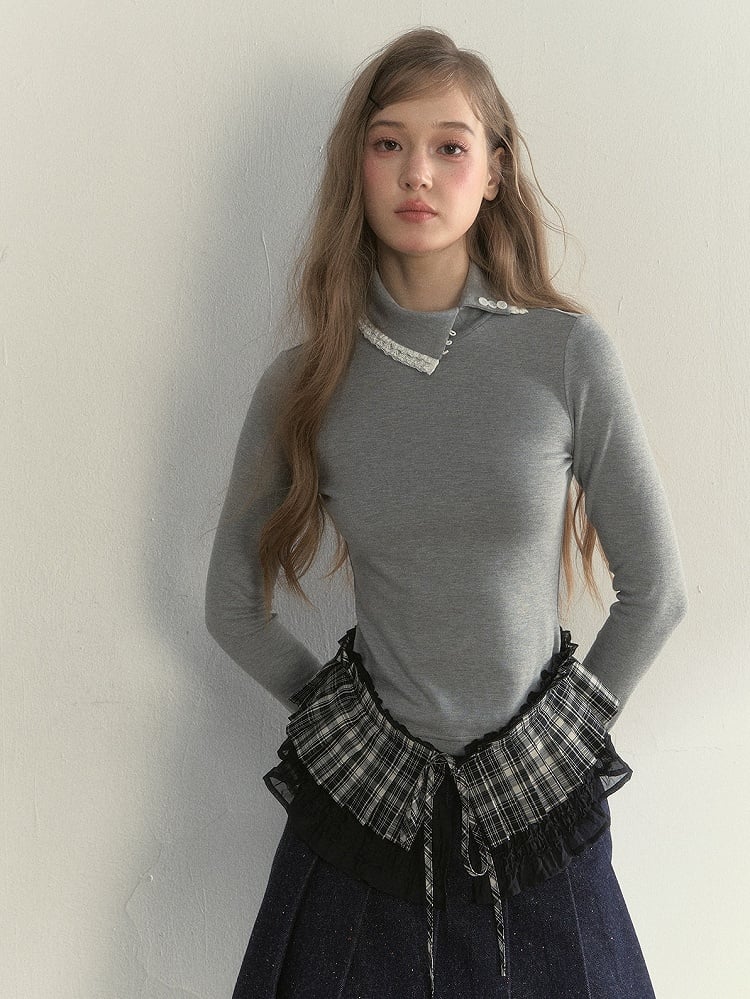 Ruffled and with Asymmetrical Design Long Gray T-Shirt Vintage Sleeve Collar