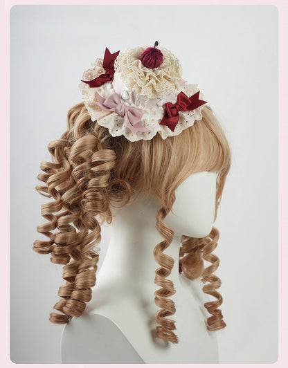 スイートロリータピンクのリボンとチェリーケーキのレイヤードレーストリムのミニハット