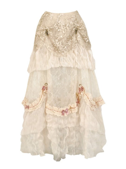 Skirt Versatile Long Bustle Patched Vintage Lace