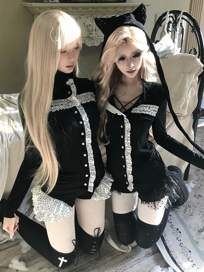 and High Goth Sleeve - Front Long White with Button Black Frill Accents Neck Top Dot
