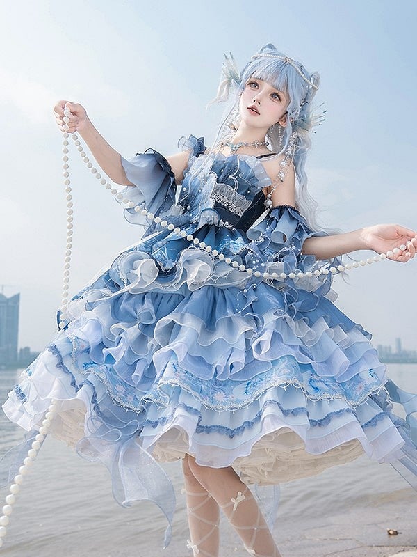 Ruffles Accents Lolita Jellyfish-Inspired Blue Full Set Dress and Bead Gradient with Layered