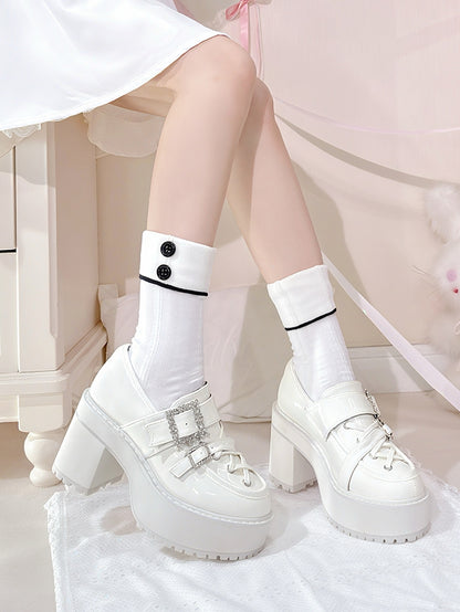 Kei Crossed Glossy White Straps Block Chunky Platform Crystal with - Heel Jirai Loafers Buckles