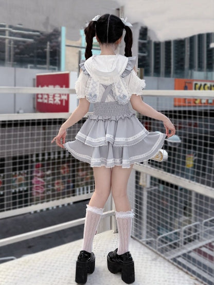 White & Light Blue Cutout Shoulder Bunny Ear Hooded Jacquard Knit Top with Lace and Bow Details - Puppet Bombs