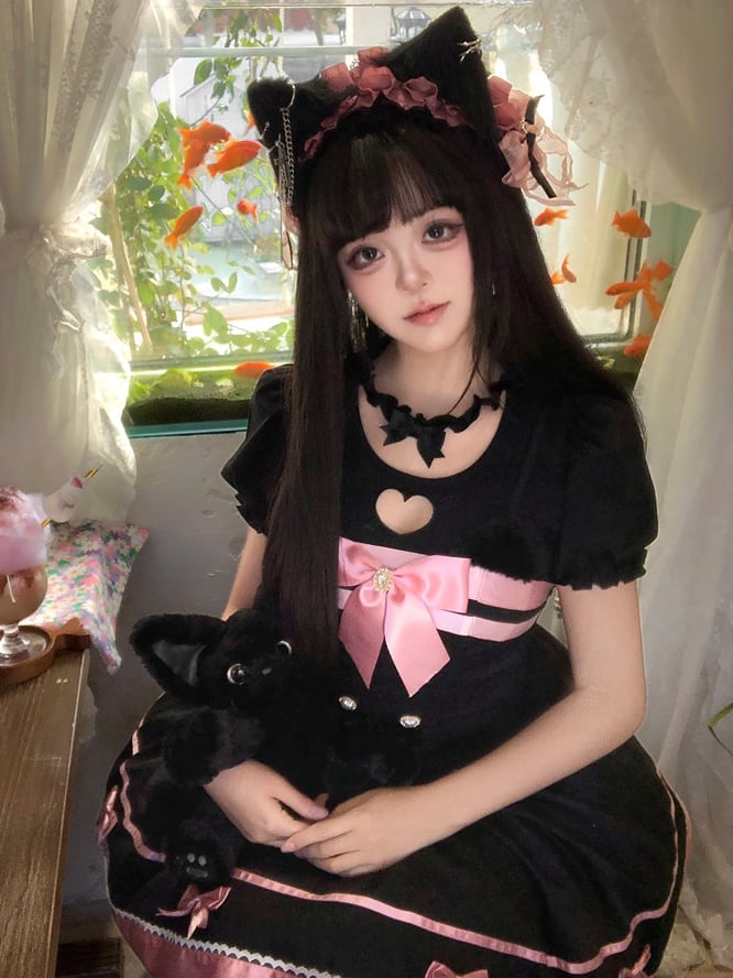 Schwarz-rosa Katzenohren Schleife Akzente Basken Taille Süßes Kleid Lolita Pullover Rock