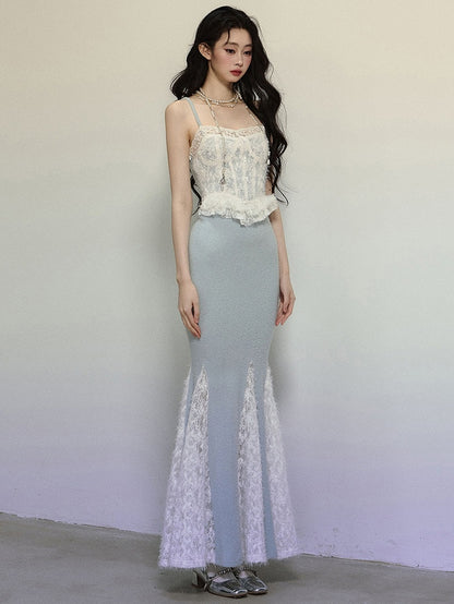 ブルークロシェレースコルセットボディスレースパッチワークマーメイドスカートマキシドレス