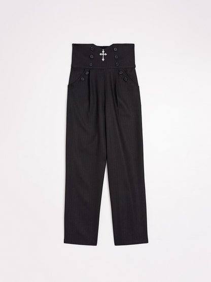 Shimmering Black High-Rise Ouji Pants with Silver Cross Buttons - DevilInspired Exclusive Collection