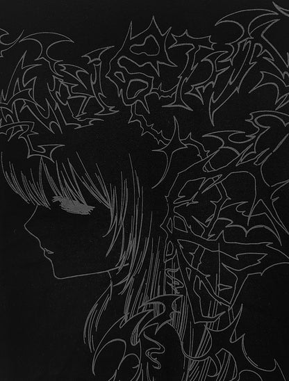 ブラック エモ パンク ガール ストライプ スリーブ グラフィック Tシャツ