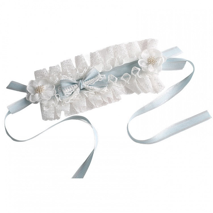 Light Gorgeous Flower Lolita Hairband Bowknot Cute Blue Lace Detachable White With
