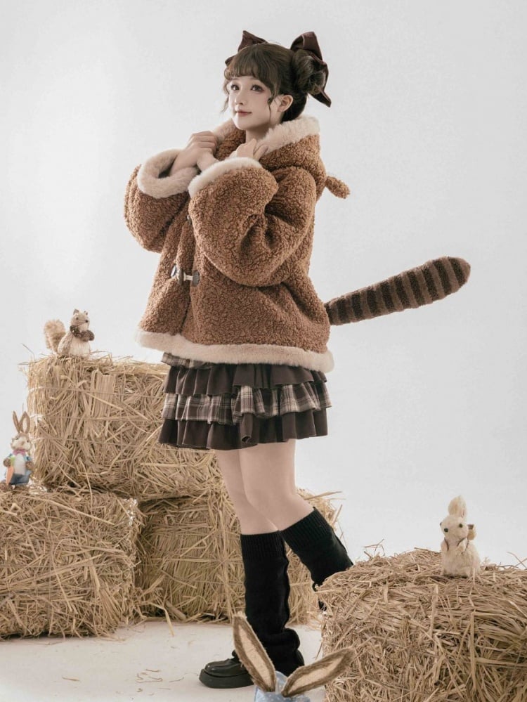 ブラウンフリース レッサーパンダの耳付きフード付き冬用コート