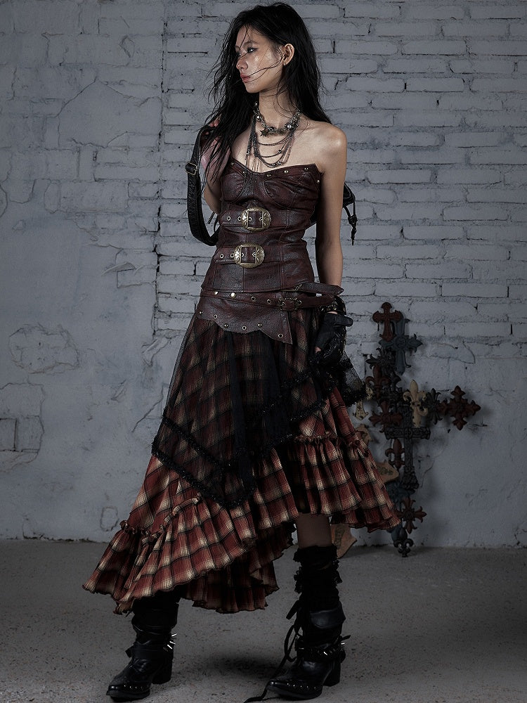 ビスチェバックル装飾パンクトップレッド/ブラウンウェイストランドPU