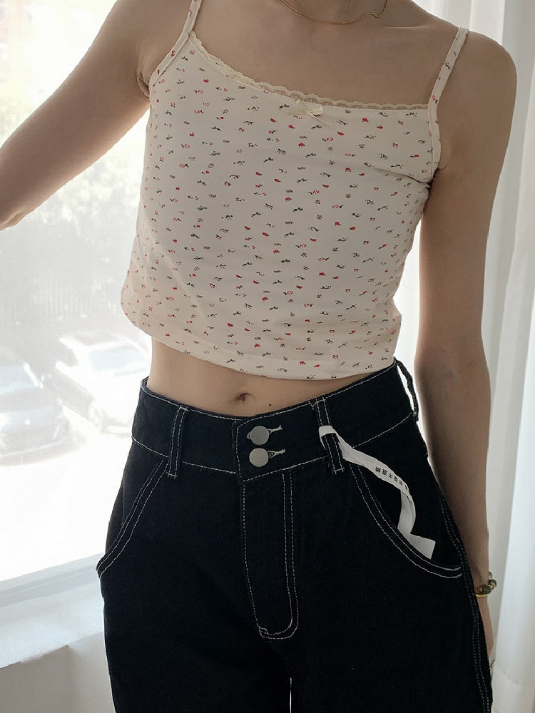 Top Cami Lace Print Bowknot Trim Beige/White Decorated Floral