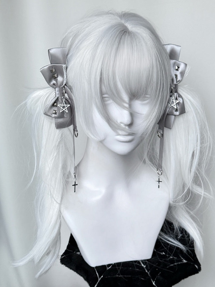 Bow Hairclips Black/Gray Punk Pentacle Kei Charm Studded Jirai