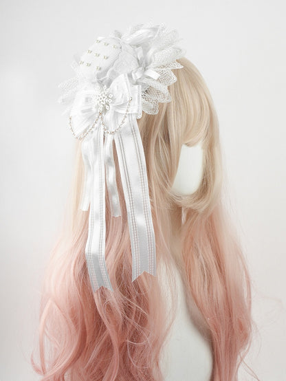 シロロリータ ホワイト ビッグリボン レーストリム スノーフレーク ミニハット ビーズチェーン付き