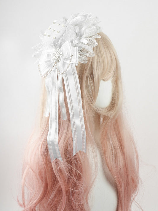 Shiro Lolita White Big Bow Lace Trim Snowflake Mini Hat with Beaded Chain