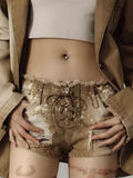Punk Distressed Vintage Lace-Up Dye Fly Eyelet Metal Khaki Denim Splatter Shorts with