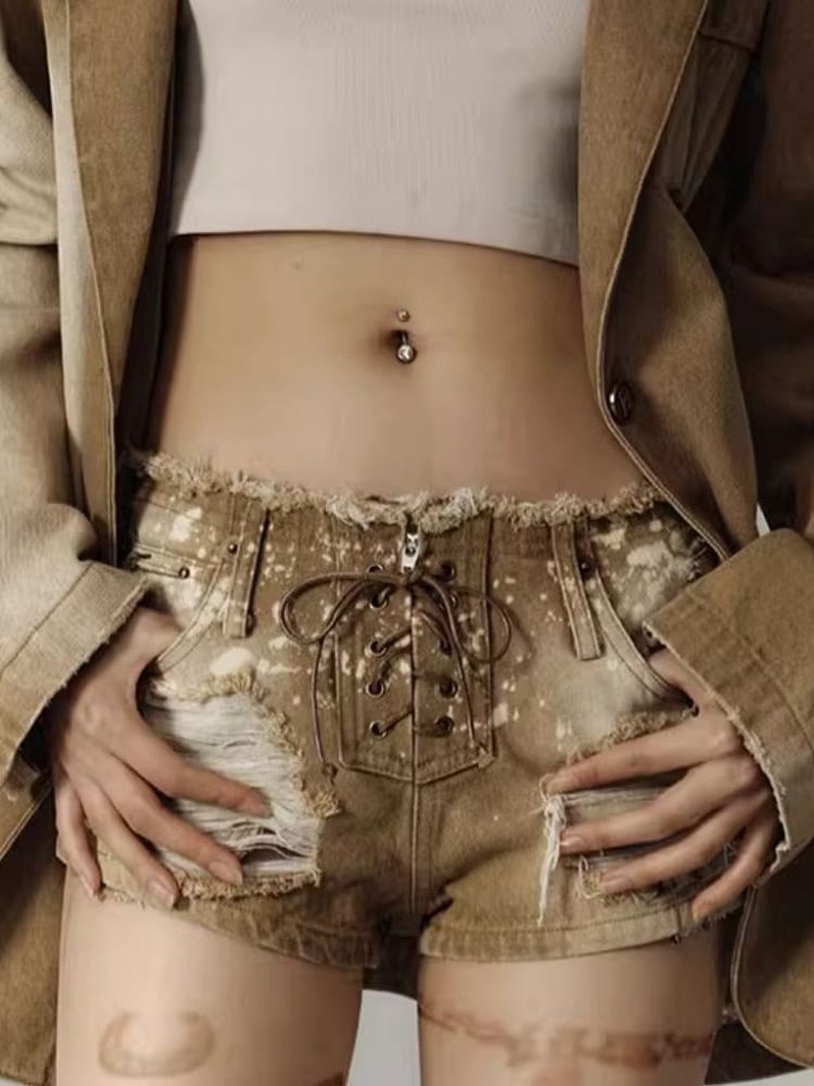Punk Distressed Vintage Lace-Up Dye Fly Eyelet Metal Khaki Denim Splatter Shorts with