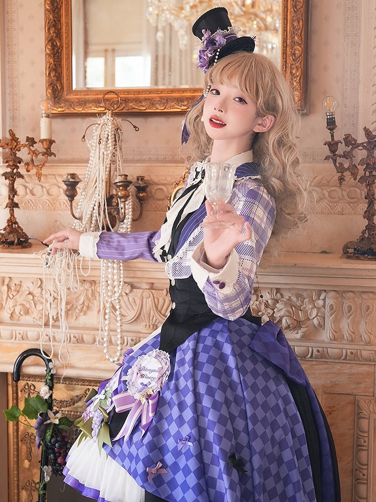 ウエストコートトップス - ブレザー クロップド丈王子セット 半分チェック柄 半分ストライプ パープルロリータ 半分黒 + 半分白 バックレス柄