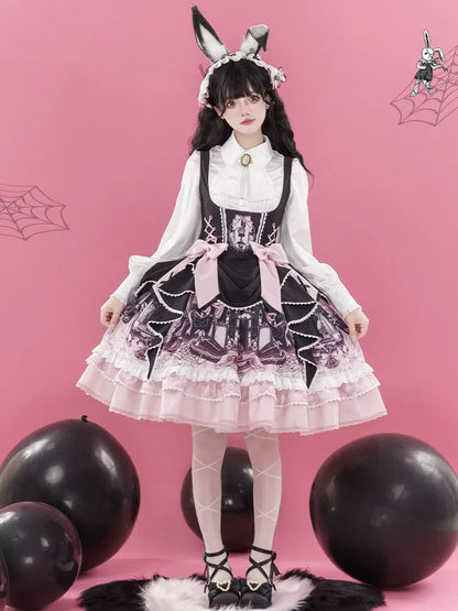 Süßes Lolita-Kleid mit Hasen- und Sargmotiv in Schwarz und Rosa
