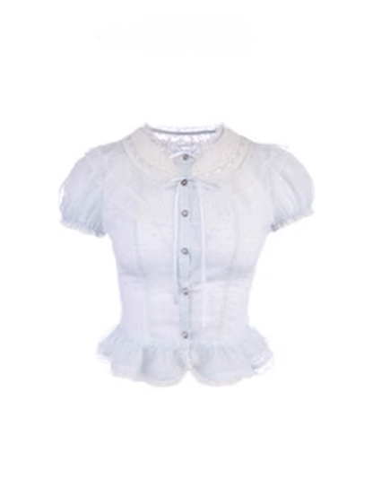 Chiffon Puff Sleeve Blue Polka-dot Top