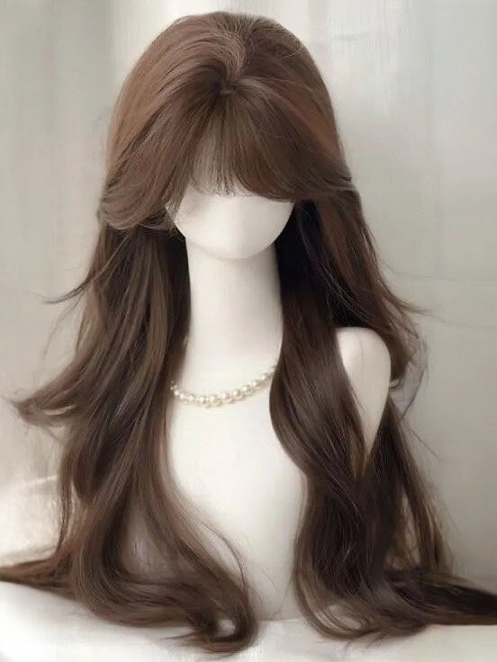 Brown 60cm Curtain Bangs Long Wavy Curly Wig - Hui Ran