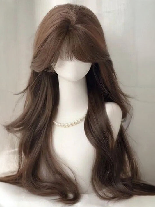 Brown 60cm Curtain Bangs Long Wavy Curly Wig - Hui Ran