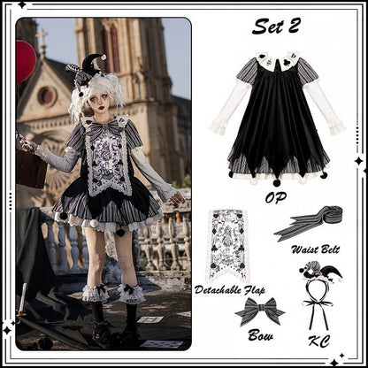 Lolita Panel OP Juliette + Belt Clowncore Stripes Bow Waist Dress Black - Sleeves KC Printed Detachable Set