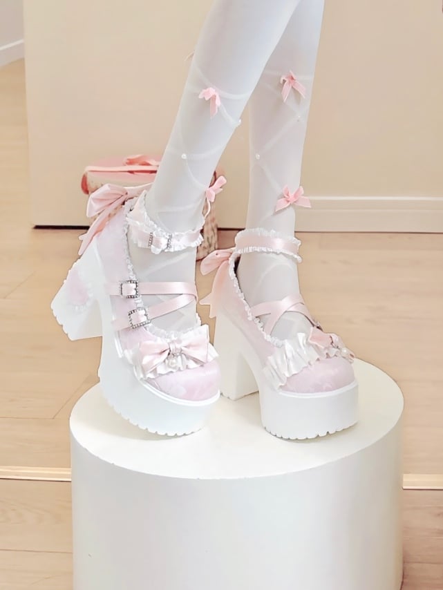 Buckle Ruffles Back Bow Trim Sophisticated Pink with Shoes - Sakura Design Lolita Sparkling Detachable