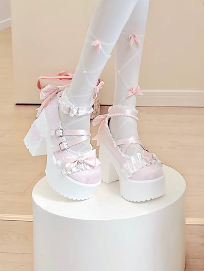 Buckle Ruffles Back Bow Trim Sophisticated Pink with Shoes - Sakura Design Lolita Sparkling Detachable