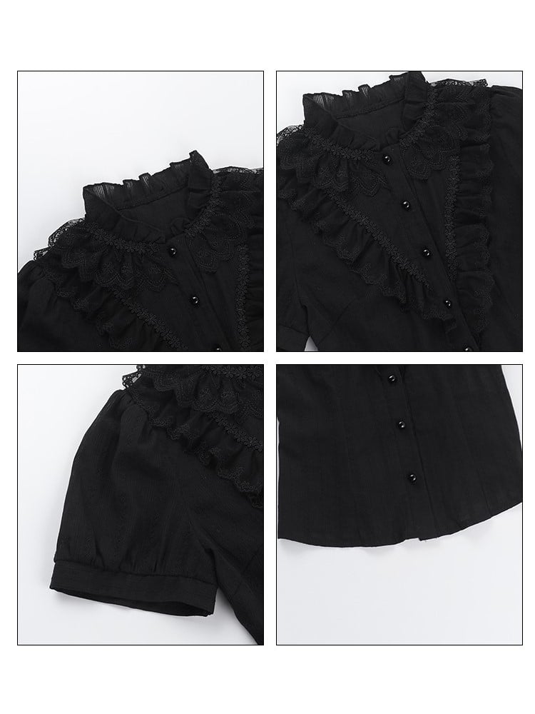 Short with Ruffled Collar Ruffle Black Gothic Sleeve Halloween Shirt