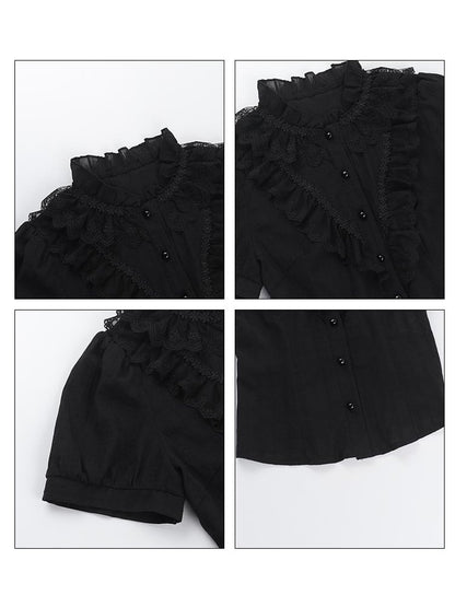 Short with Ruffled Collar Ruffle Black Gothic Sleeve Halloween Shirt