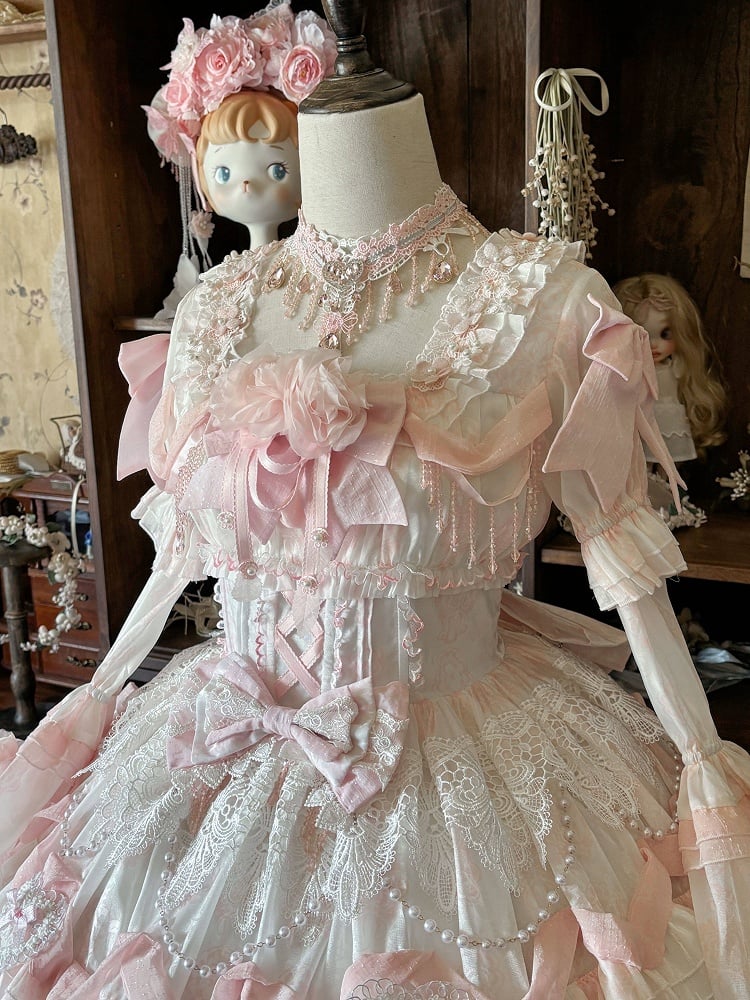 Rose Hanayome Lolita Hime Gown with Detachable Sleeves, Flower Bows and Pearl Chains - sedef