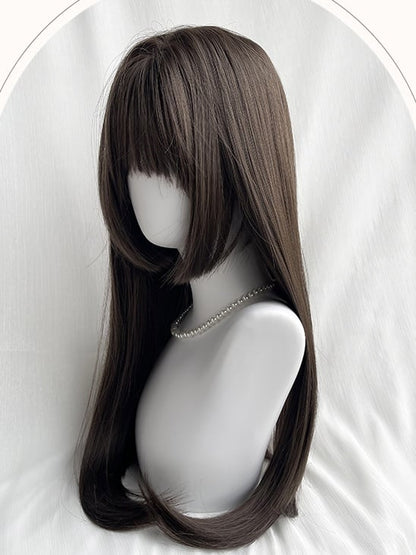 ブラウン/ブラック ロングストレート 姫カット 合成ウィッグ 前髪付き