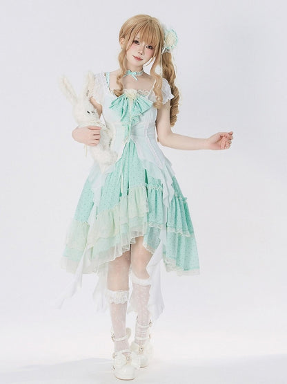Polka Dot Bow Asymmetric Hem JSK Dress with Lace Choker - Tan Tuan