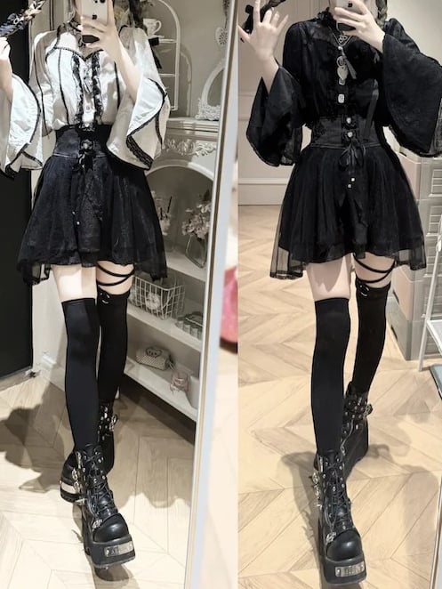 Kei Lace White Contrast Trim Blouse Black Neckline with Illusion Sleeve Jirai Bell