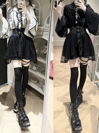 Kei Lace White Contrast Trim Blouse Black Neckline with Illusion Sleeve Jirai Bell