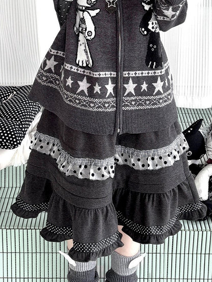 Ruffle Elastic kawaii Daily with Skirt Hemline Grey Waistband