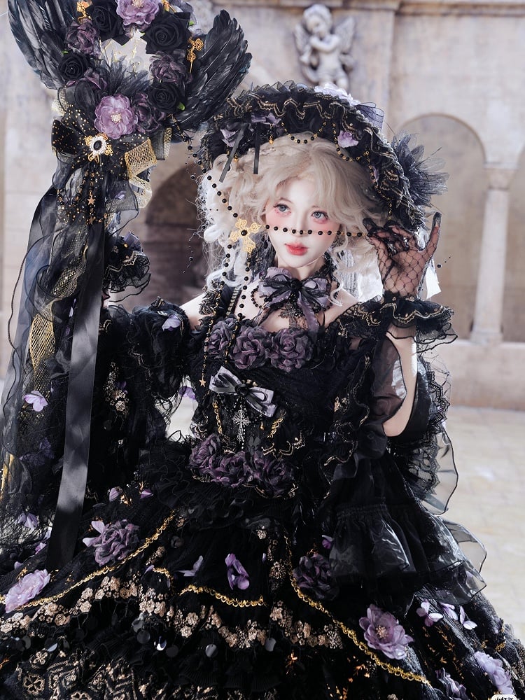 Floor-Length Black & Purple Hanayome Hime Dress with Butterfly and Flower Accents - Cat Fairy Lolita