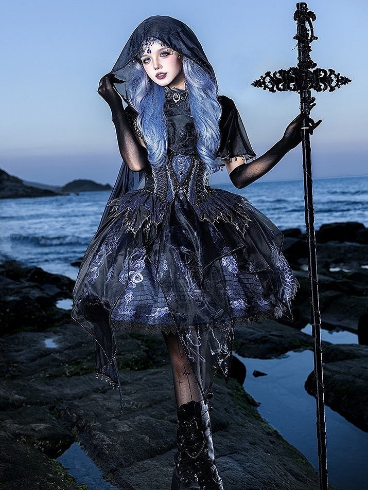 Black & Blue Bone Dragon Embroidery Halter Neck Gothic Lolita Dress Set - Ying Luo Fu
