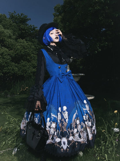 Blue Skeleton Cross Print Under Bust Gothic Lolita Dress with Black Lace Trim - NnSTAR